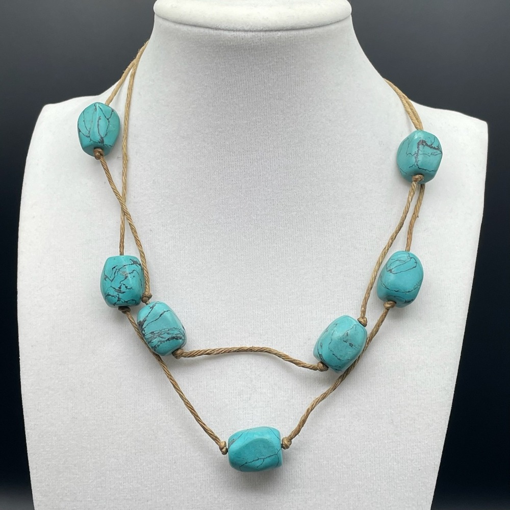 Vintage Express Teal Lobster Cord Reconstituted Turquoise Beaded Chunky Necklace